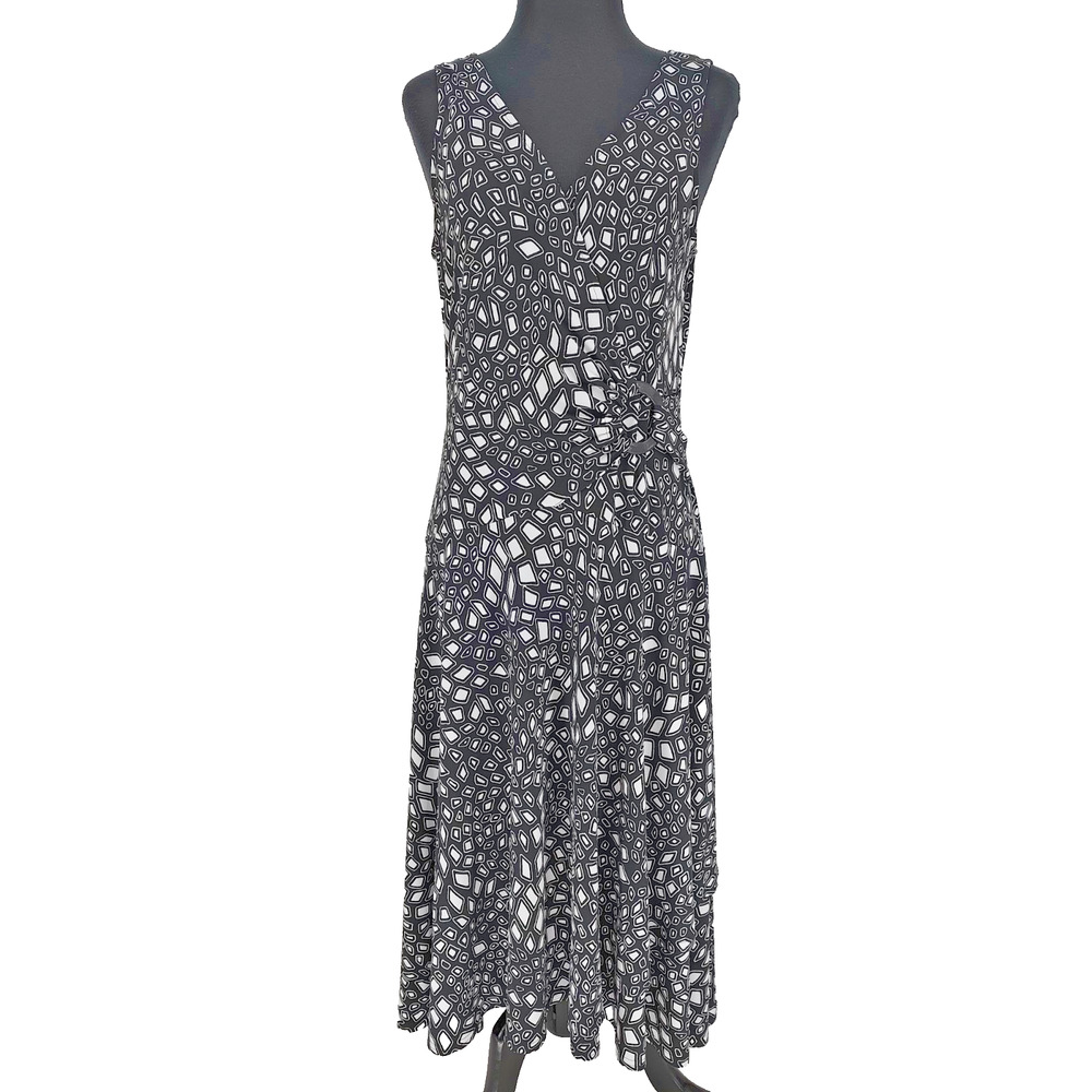 Jones New York Black White Faux Wrap Dress SZ 12 Stretch Maxi V Neck Ruched Ring